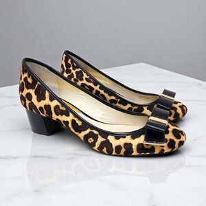 Michael Kors Kiera Leopard Calf Hair Leather Womens Size 10D Chunky Heel Bow
